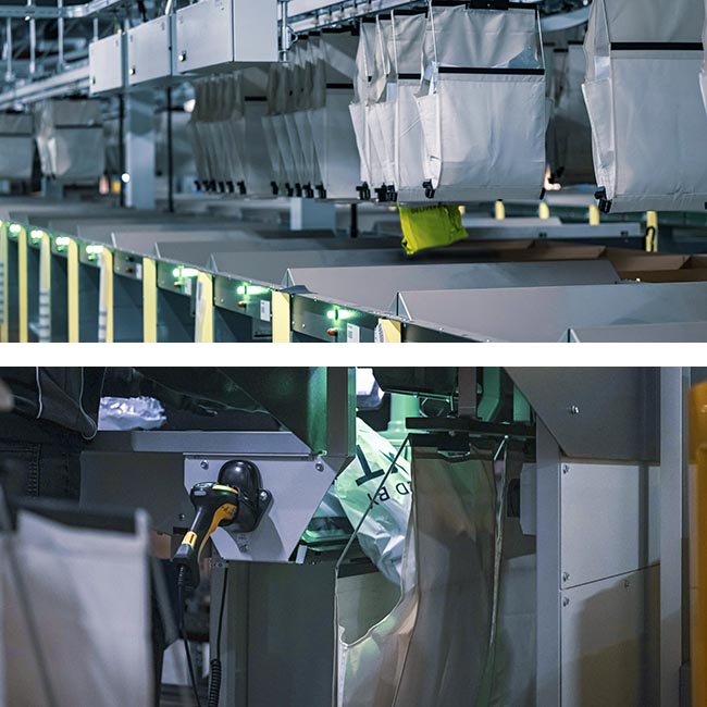 Automated pocket-scan stack system capturing high-speed item identification, sorting accuracy, and optimized material flow in a modern warehouse environment.