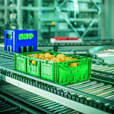 Lemons moving along a conveyor line in a distribution center, highlighting automated food retail handling designed to protect product quality, improve throughput, and support efficient grocery fulfillment.