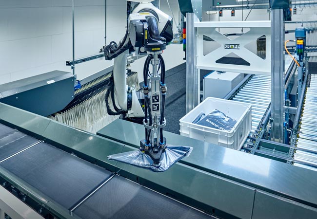 robot gripper from knapp demonstrating a fully integrated ai driven robotic picking system connected to master data and capable of handling diverse items across food retail pharmaceuticals cosmetics and other sectors showing how one smart system supports fully automated picking applications in virtually every industry.