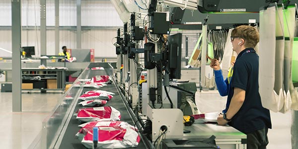 Warehouse worker operating a KNAPP ergonomic workstation designed to improve energy efficiency, reduce waste, and support sustainable fulfillment practices