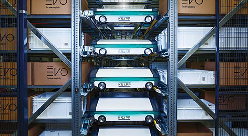 EvoStack 8 automation system illustrating support for sustainable packaging through in line integration with automated packaging equipment that produces right sized cartons, helping reduce oversized shipments, lower DIM charges, and maintain high throughput while meeting consumer expectations for sustainable order fulfillment.
