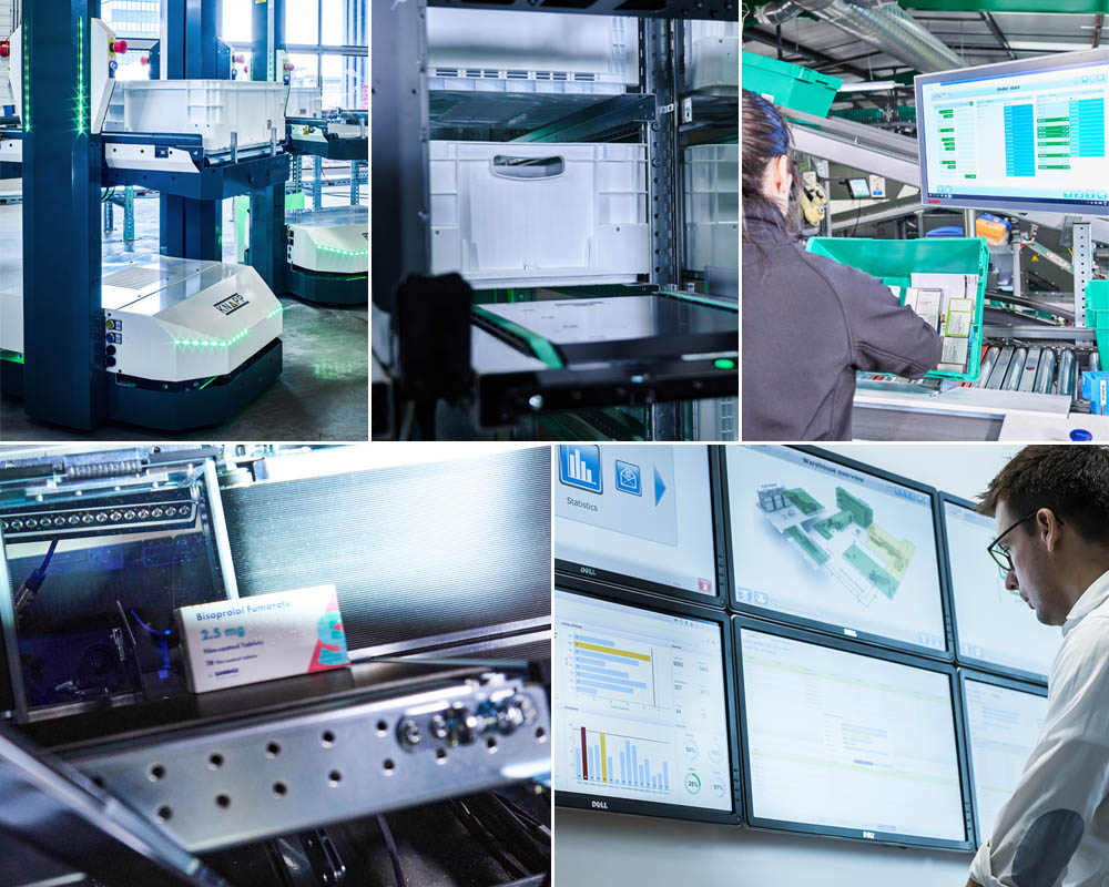 Montage of pharmacy scenes showing pharmacists supporting patients, automated fulfillment processes, and clinical services, illustrating a holistic approach to pharmacy operations that expands access to care and enhances patient experience.