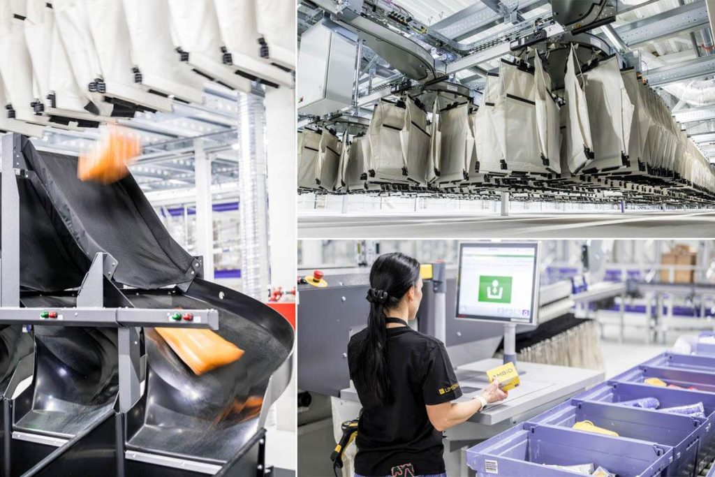 Image of a pocket sorter system managing outgoing goods, showing automated pockets transporting and sequencing items to streamline order consolidation, increase throughput, and support efficient shipping processes in modern logistics operations.