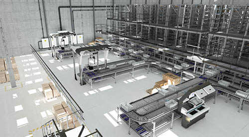 Interior warehouse scene showcasing a high‑tech, human‑centric work environment with ergonomic workstations, intuitive automation, and advanced technology supporting employees to work more efficiently and safely.