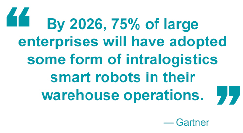graphic displaying the text By 2026 75 percent of large enterprises will have adopted intralogistics smart robots in their warehouse operations according to Gartner.