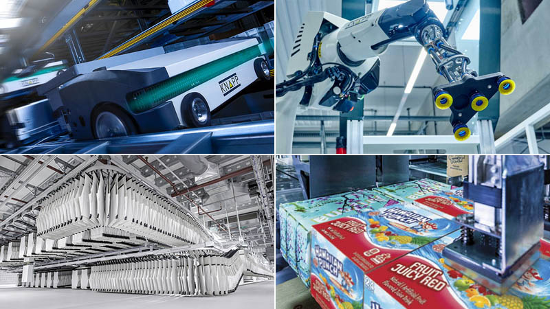 Four images highlighting low‑touch warehouse automation systems, featuring streamlined material flows, automated storage and retrieval processes, goods‑to‑person technologies, and robotics working together to enhance efficiency, reduce manual handling, and support scalable operations.