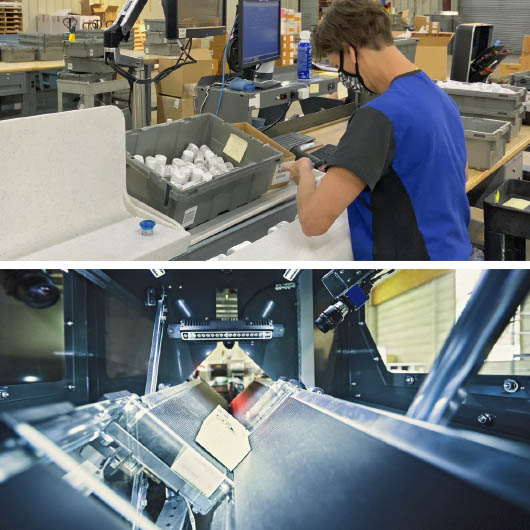 Two warehouse scenes shown side by side, including one with a worker using ergonomic, efficient, and cost‑effective workflows that support safe, streamlined, and affordable distribution operations.