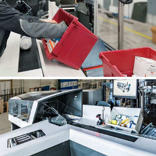 Side‑by‑side warehouse images showing modern material‑handling workflows, including one with a worker operating ergonomic, efficient, and affordable processes designed to improve comfort, accuracy, and overall distribution performance.