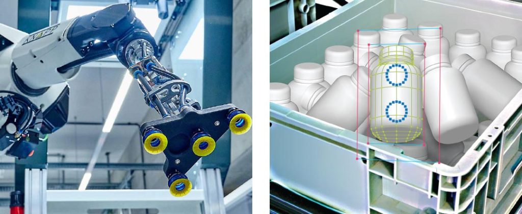 Side‑by‑side images showing a Pick‑it‑Easy Robot automating precise item handling alongside pharmaceutical products, highlighting efficient, high‑accuracy fulfillment for regulated healthcare and pharma distribution.