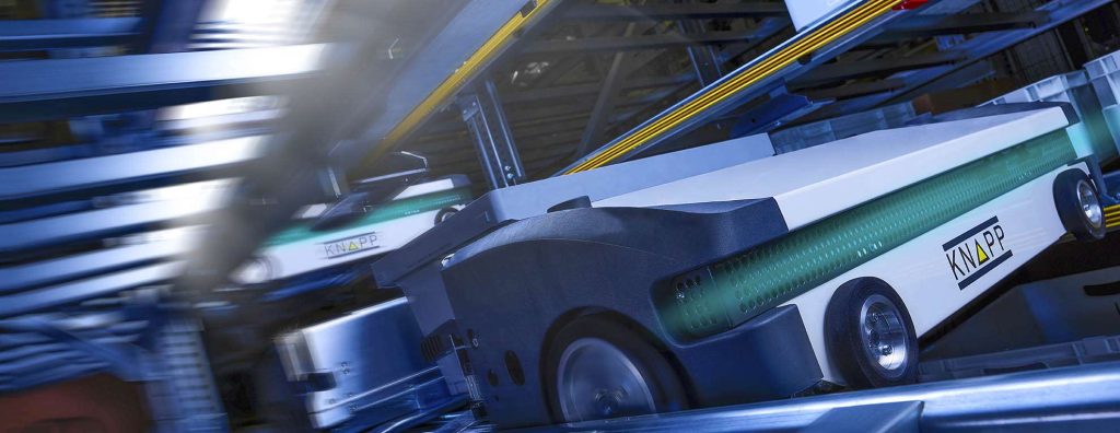 Evo Shuttle system operating within a high‑density storage grid, showcasing fast, flexible, and space‑efficient tote handling designed to maximize throughput in modern warehouse environments.