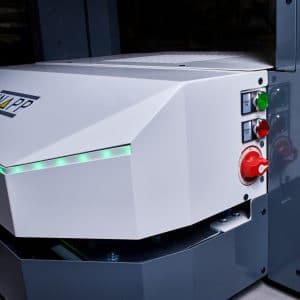 KNAPP autonomous mobile robots equipped with add‑on indicator lights that provide clear visual status signals, enhancing worker awareness, promoting safe navigation, and supporting efficient coordination within automated warehouse operations.