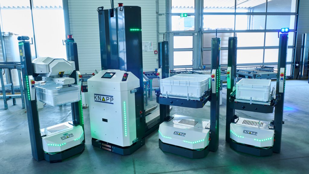 KNAPP’s Open Shuttle autonomous mobile robots designed for flexible material transport, intelligent navigation, and reliable performance in dynamic warehouse environments.