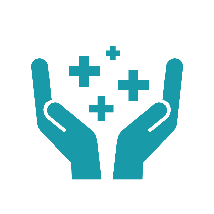 An icon showing two hands holding medical cross symbols, representing KNAPP’s pharmacy business and symbolizing trusted handling, secure distribution, and specialized automation for pharmaceutical fulfillment operations.