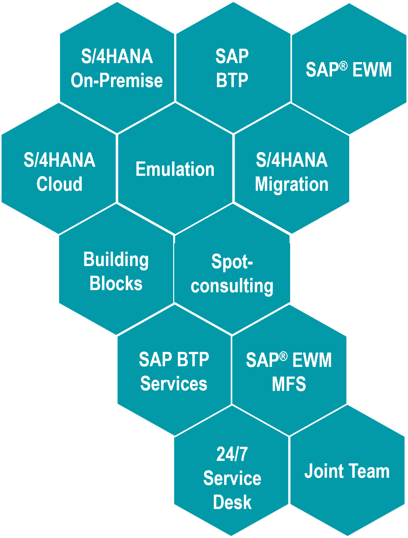 Graphic showing SAP® EWM by KNAPP capabilities, including S/4HANA integration, SAP® BTP services, MFS, migration support, emulation, consulting and 24/7 service coverage for end‑to‑end warehouse automation.