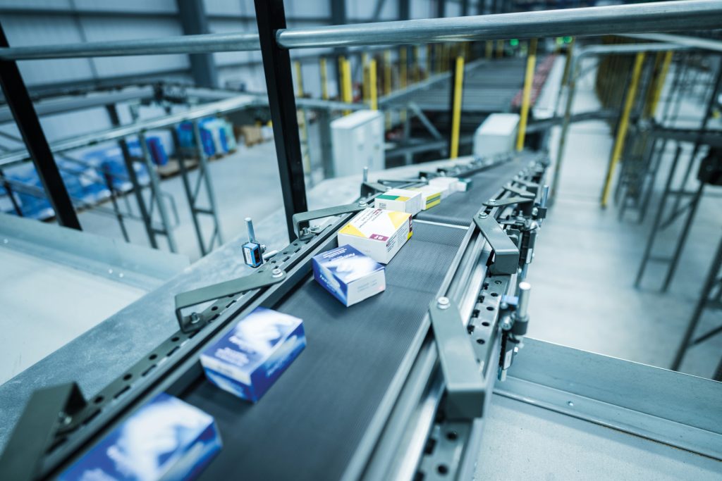 Belt conveyor at the Pack2Patient at the Peak Pharmacy site in Chesterfield, United Kingdom.