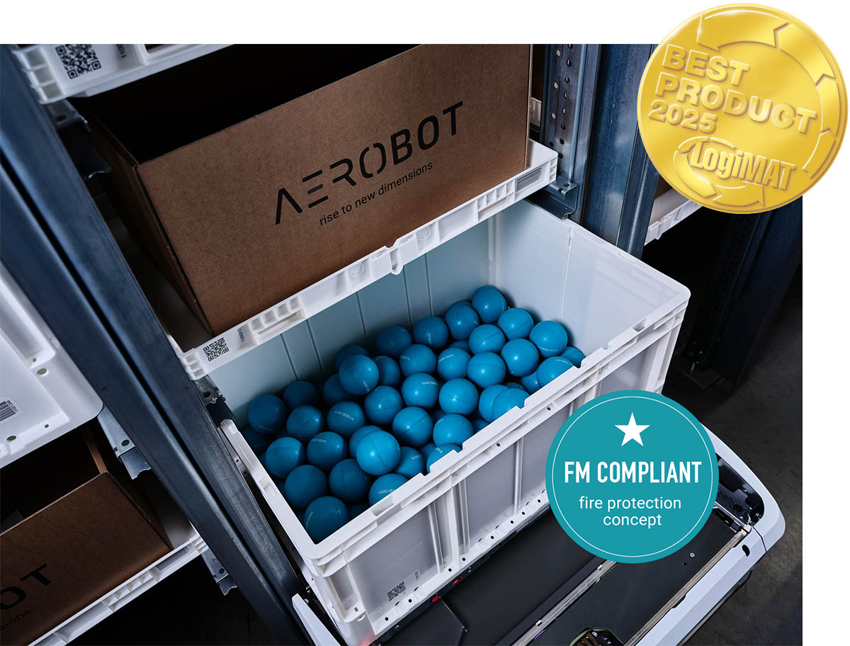 This is KNAPP's latest 3D Evo Shuttle AeroBot that won an award at Logimat 2025 as Best Product. It's KNAPP's newest 3D shuttle and works with the Evo Shuttles 2D and 1D.